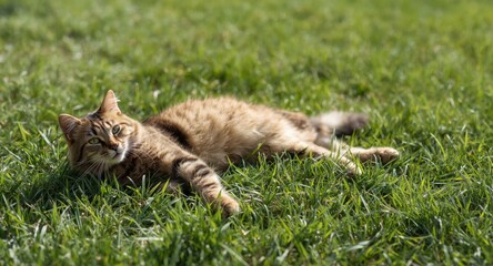 Fototapeta premium A lively pet feline basking on a soft green grass lawn during a warm summer afternoon full length image with copy space