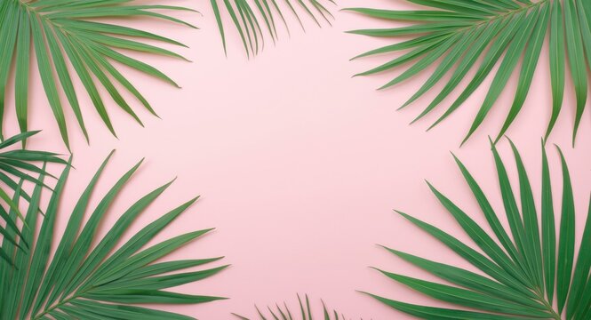 Flat lay of handcrafted palm leaf paper art on soft pink backdrop with copy space