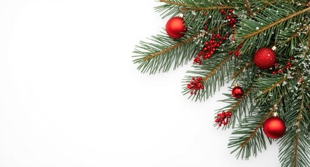 Fototapeta premium Festive pine branch decorated with red Christmas balls on a clean white backdrop for winter