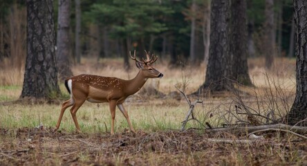 Obraz premium Male fallow deer exploring a clearing surrounded by tall trees