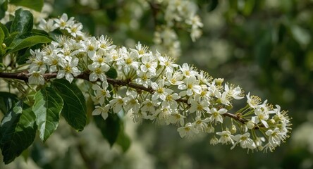 Fototapeta premium Magnified view of a tree limb in full bloom with numerous tiny bright flowers and deep green leaves in background
