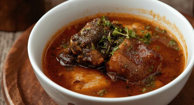 Delicious halal oxtail soup served in white bowl with brown wooden plate and selective focus
