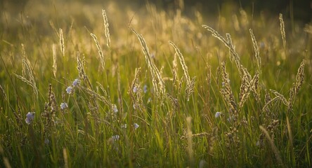 Naklejka premium Bright wild grass thriving in early spring morning with soft dawn light and delicate purple blooms