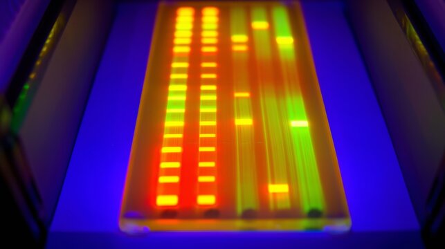 Agarose gel slab glowing bright orange and green fluorescent bands under UV transilluminator light.