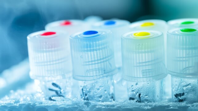 Row of frosted microcentrifuge tubes sitting in a styrofoam ice block.