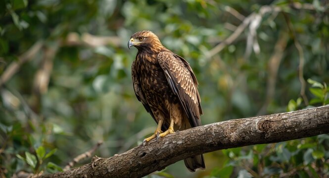 Selective focus capture of Crested Serpent Eagle on woodland branch at rest
