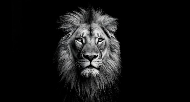 bold black and white image of a lion on a dark black background
