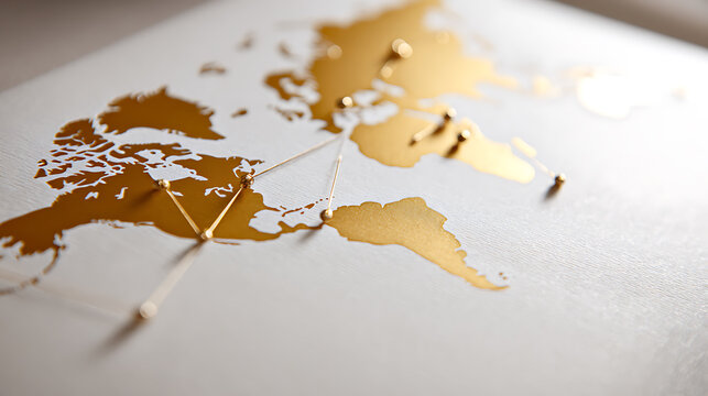 Minimalist world map with golden pins and string connect points, illustrating travel, global connection, and business logistics solutions