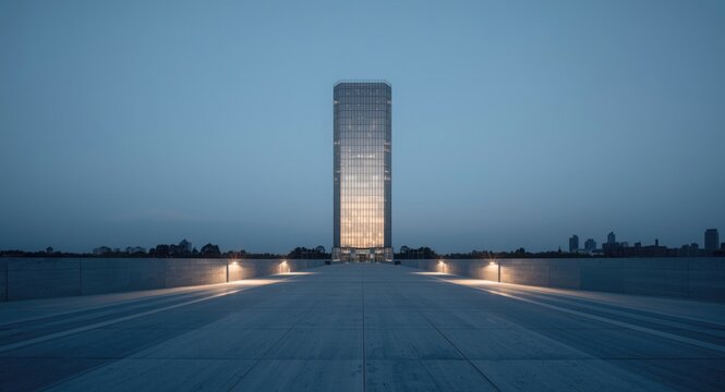 Lifelike dusk photo highlighting a steel and glass fa&Atilde;&sect;ade with deserted cement pavement