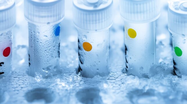 Row of frosted microcentrifuge tubes sitting in a styrofoam ice block.