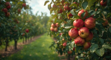 Fototapeta premium ripe apple heaps hanging from tree branches in vibrant orchard scene with copy space