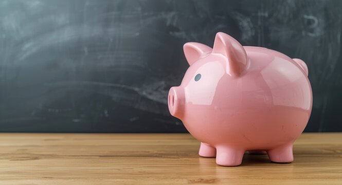 Conceptual image of a pink piggy bank symbolizing education expenses with a chalkboard backdrop