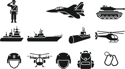 Military army and navy force silhouette collection featuring soldier jets tanks warships submarine helicopter tactical helmet backpack dog tags and drone icons. © Sherina