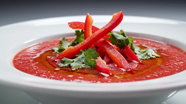 Vibrant Tomato Gazpacho Bowl With Cilantro, Red Pepper Strips And Olive Oil Drizzle On White Plate, Studio Lighting, Closeup, Crisp Texture, Chilled Summer Soup Styled For Gourmet Restaurant Menu.