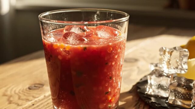 Sunlit Tomato Cocktail With Lemon Wedges, Glass Filled With Ice And Pulpy Tomato Mix, Lemon Wedge And Melting Ice Cubes On Slate, Warm Morning Light Through Windowsill, Cozy Rustic Wooden Table.