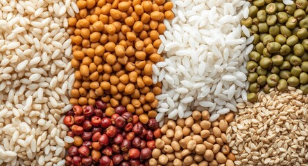 Naklejka premium Selection of wholesome grains including white rice lentils and colorful peas