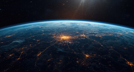 Fototapeta premium Outer space wallpaper with a vibrant 3D Earth and illuminated civilization