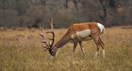 Obraz premium A male fallow deer calmly feeding in a rich meadow setting with woodland in the distance