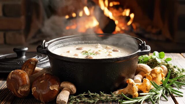 Creamy Mushroom Soup In Castiron Pot Simmering By Fireplace, Steam Rising Over Mix Of Chanterelle And Porcini Mushrooms, Fresh Rosemary And Thyme Sprigs, Rustic Wooden Table Setting, Warm Cozy Comfort