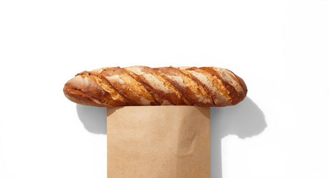 Artisan French baguette loaf wrapped in simple paper bag with a white background