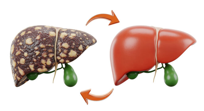 Healthy red liver and mottled fatty liver with green gallbladders and orange arrows on a gray background under clinical lighting medical comparison concept