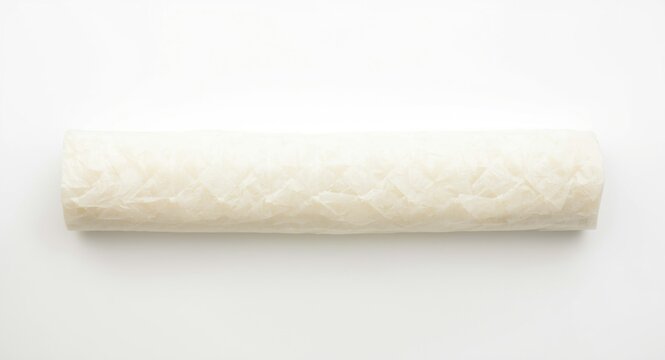 Flat lay of a stretchable food wrap roll positioned on white surface