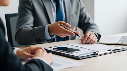 Fototapeta premium Business meeting with documents and mobile phone on table