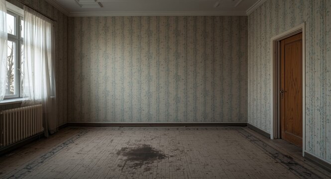 Interior view of a Soviet apartment with worn floor and faded wallpaper including copy space