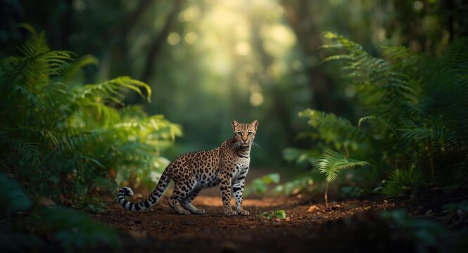 Lithe ocelot resting alertly on forest floor under canopy shade