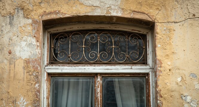 A weathered window with upper transom and iron grille panel