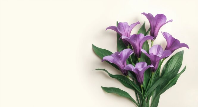 Artistic purple bignonia blooms surrounded by rich green leaves on a pale neutral background illustrating natural floral allure