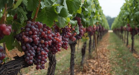 Naklejka premium Red grapes nearing peak ripeness hanging from thick vines in vineyard rows