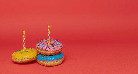 Fototapeta premium Playful doughnuts in bright hues decorated with dreidel candles set on a red studio background