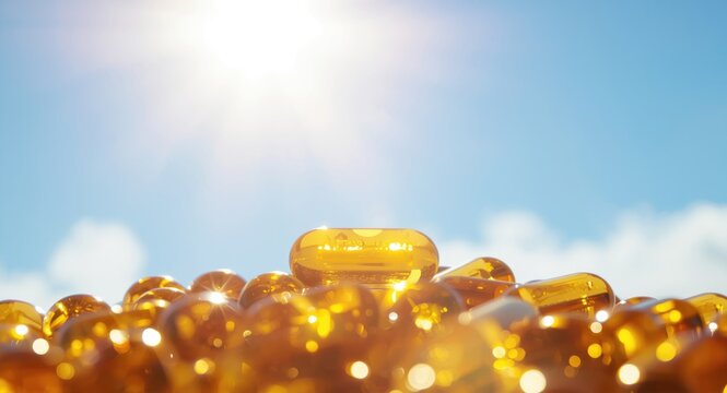Golden tablets with vitamins D3 and K2 positioned before a bright sky