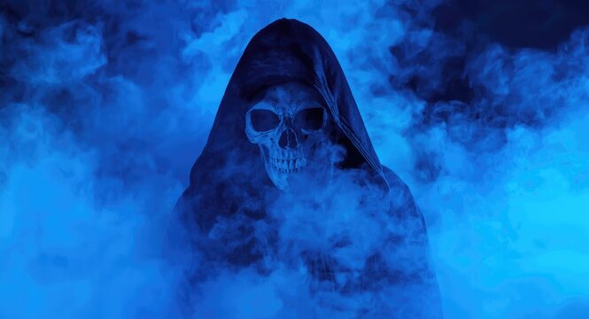 Skull hooded specter within glowing blue mystical fog environment