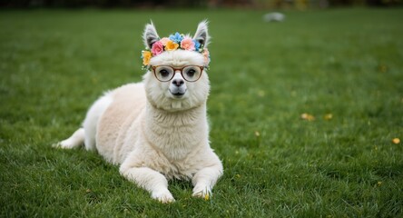 Naklejka premium Playful pet alpaca in glasses and flower wreath posing full length on lush lawn summer scene