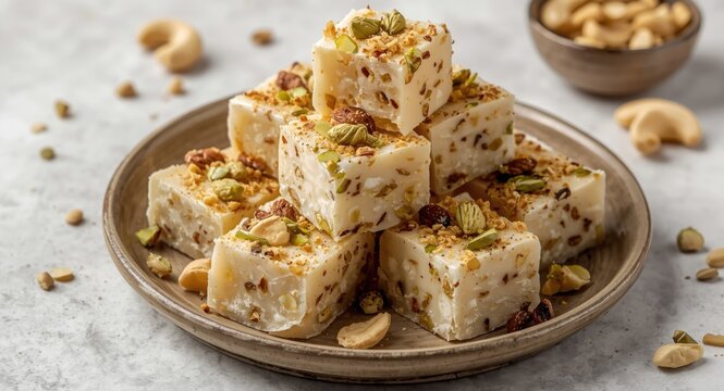 Flavorful Indian dry fruit burfi with mawa, cashew nuts, and pistachio rich in proteins and vitamins