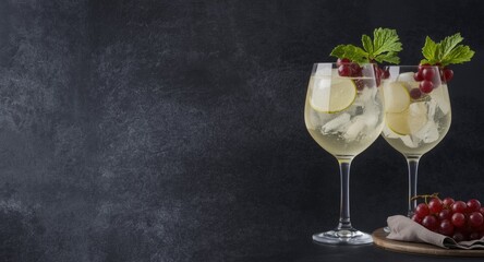 Obraz premium Refreshing chilled white wine spritzers with ice and grape garnish on a dark textured background with copy space