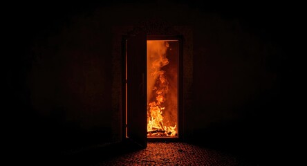 Obraz premium Flames and smoke emerging from the fire chamber beneath the door