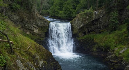 Obraz premium Graceful waterfall tumbling through a green wilderness area