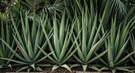 Fototapeta premium Healthy aloe vera plants arranged neatly in a tropical garden
