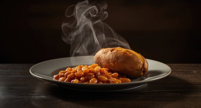 Hot baked beans and roasted jacket potato arranged on a plate under a moody backlight