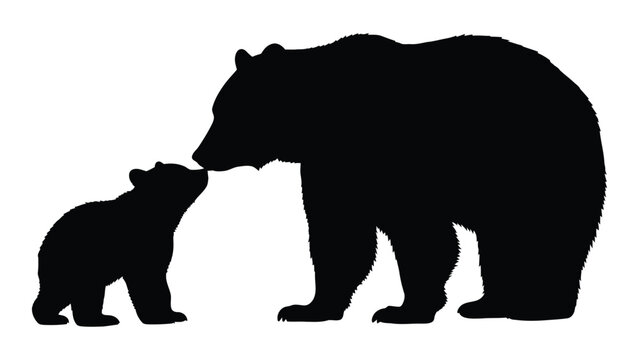 A large bear gently touches noses with a small cub