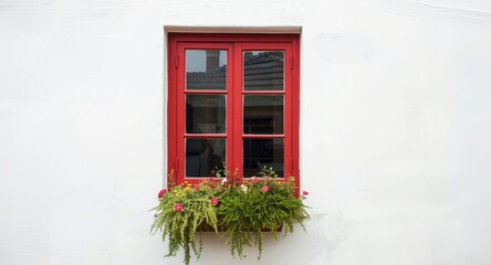 Fototapeta premium Outdoor serene scene with red framed window and flourishing potted greenery on white background