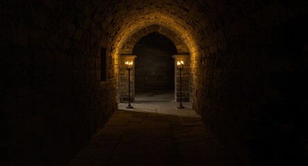 Obraz premium Medieval church interior featuring a dark stone passage with candle glow