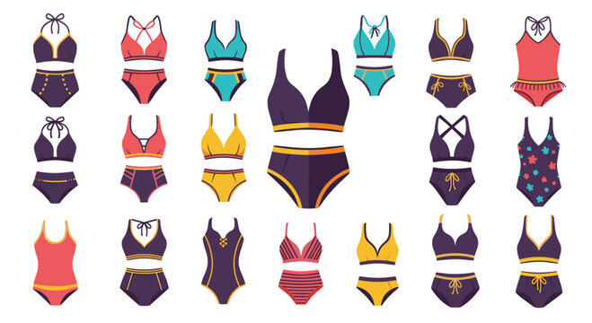 Wide selection of women's swimwear styles including two-piece bikinis and one-piece bathing suits in various patterns and colors.