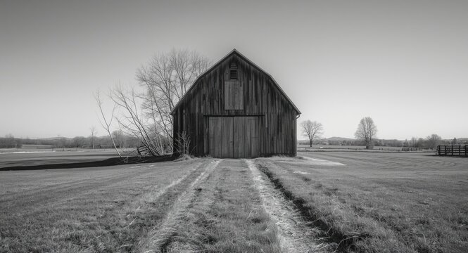 Monochrome view of a vintage barn amidst open fields with visible tracks leading to the door