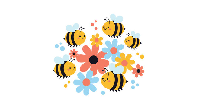 Adorable cartoon bees flying among colorful spring flowers with happy faces to create a cheerful nature themed illustration.