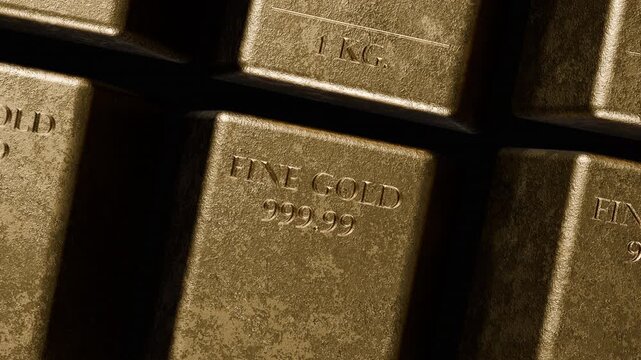 A smooth zoom-out reveals a massive stack of 1kg fine gold bars with a purity of 999.99. The textured metallic surfaces glint as the camera pans across the orderly rows of bullion inside a dark vault.
