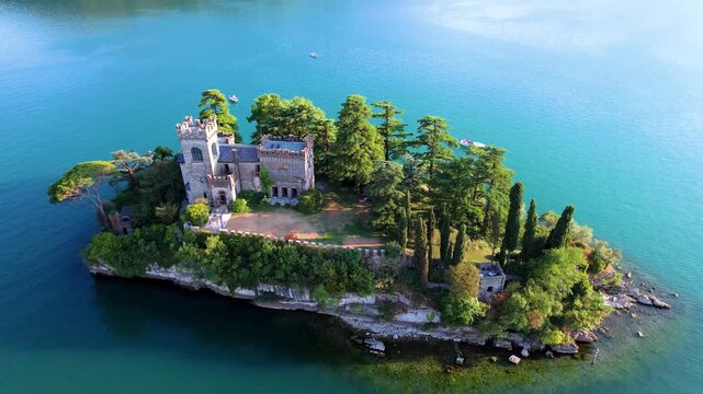 Italy Lake Iseo Aerial 4K Video Drone View of Loreto Island with Neo-Gothic Medieval Style Castle Rising from Water Vertical Reveal Motion Scenic Private Island Lombardy